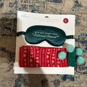 Hallmark cozy socks and eye mask “I’m only awake for Hallmark Channel”